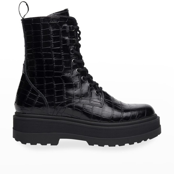 Nero Giardini Cocco Mock Croc Combat Booties Black Embossed Leather Sz 40 - Picture 1 of 13